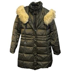 Tahari Long Faux Fur Puffer Hooded Jacket Green XS